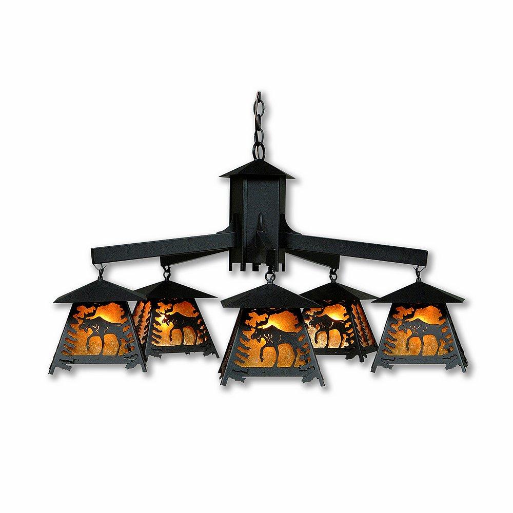 Smoky Mountain 5 Light Chandelier - Mountain Moose - Amber Mica Shade - Black Iron Finish