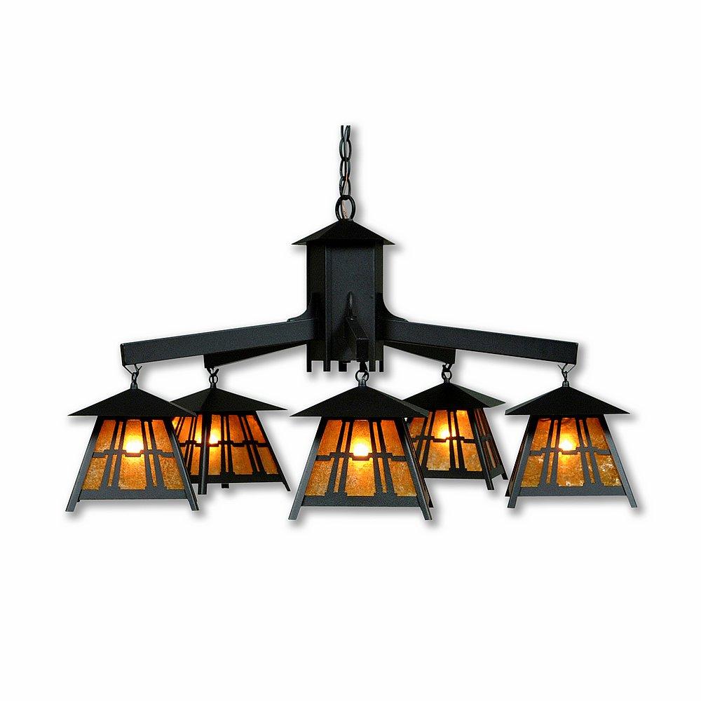 Smoky Mountain 5 Light Chandelier - Eastlake - Amber Mica Shade - Black Iron Finish