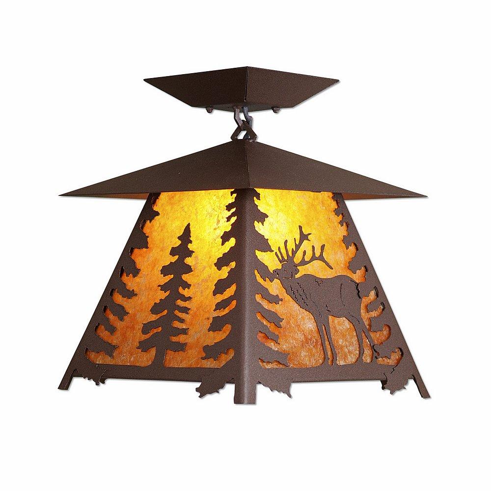 Smoky Mountain Close-to-Ceiling Large - Mountain Elk - Amber Mica Shade - Rustic Brown Finish