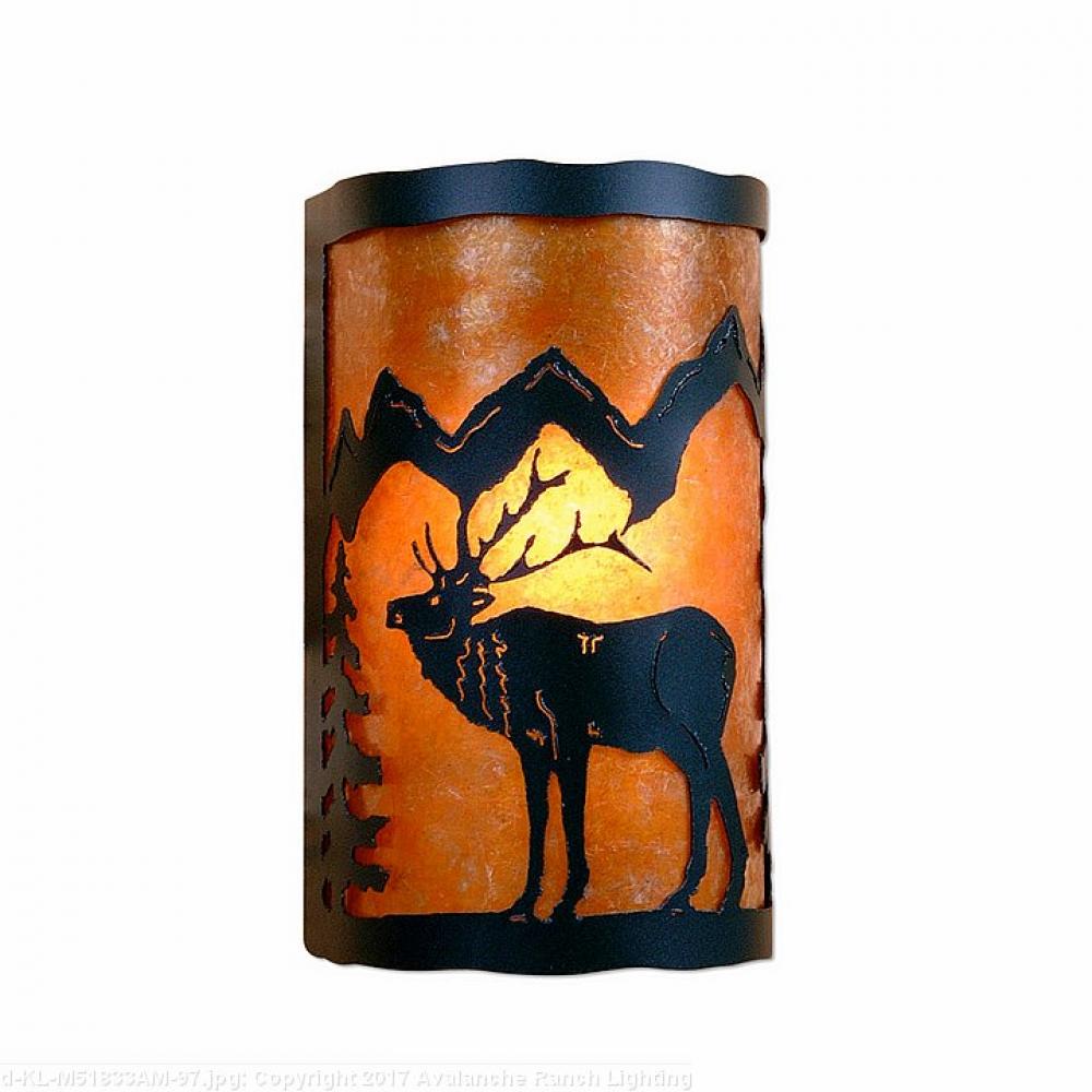 Cascade Exterior Sconce - Mountain Elk - Amber Mica Shade - Black Iron Finish