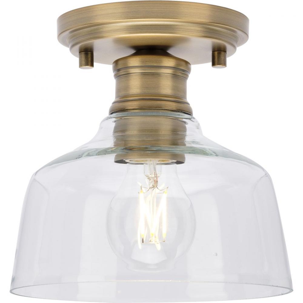 Singleton Collection One-Light 7.62&#34; Vintage Brass Farmhouse Small Semi-Flush Mount Light with C