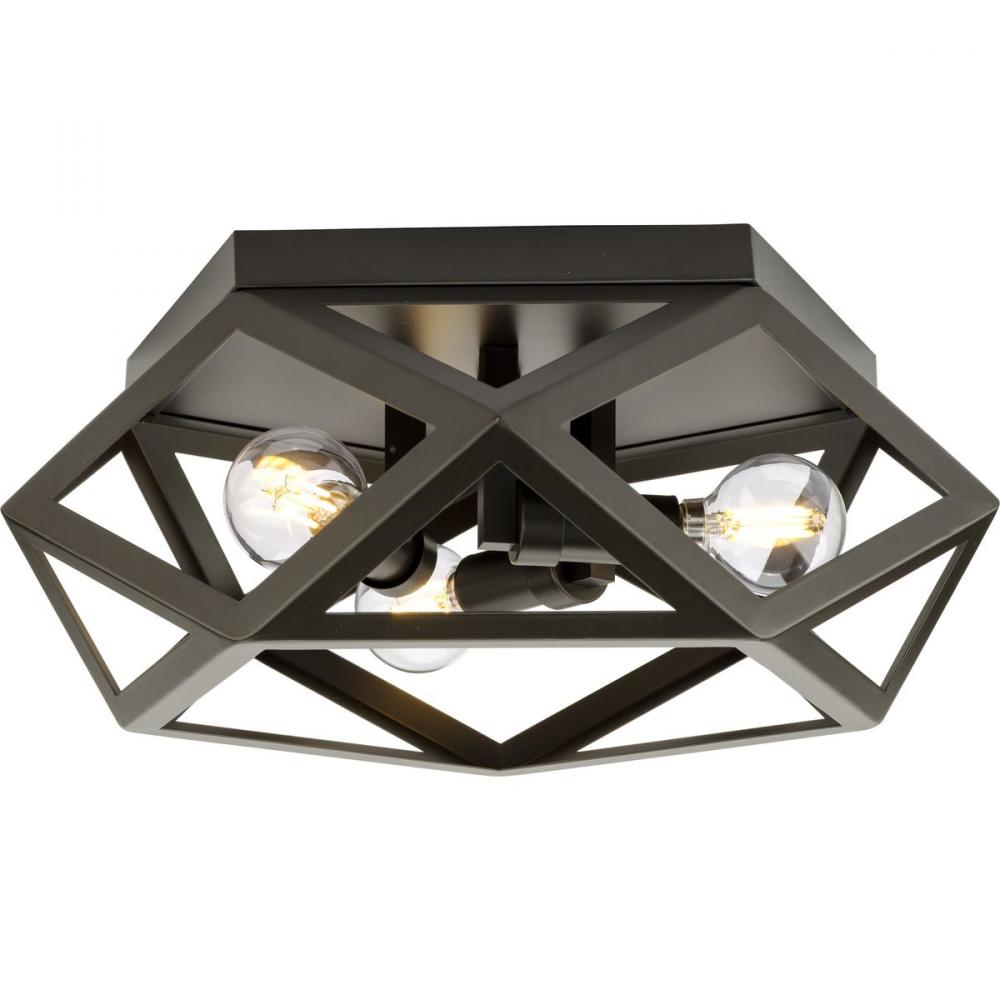 Saucedo Collection Three-Light Architectural Bronze Modern 14.6&#34; Flush Mount