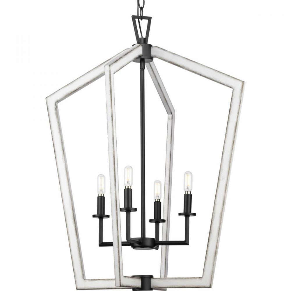 Galloway Collection Four-Light 30&#34; Matte Black Modern Farmhouse Foyer Light with Distressed Whit