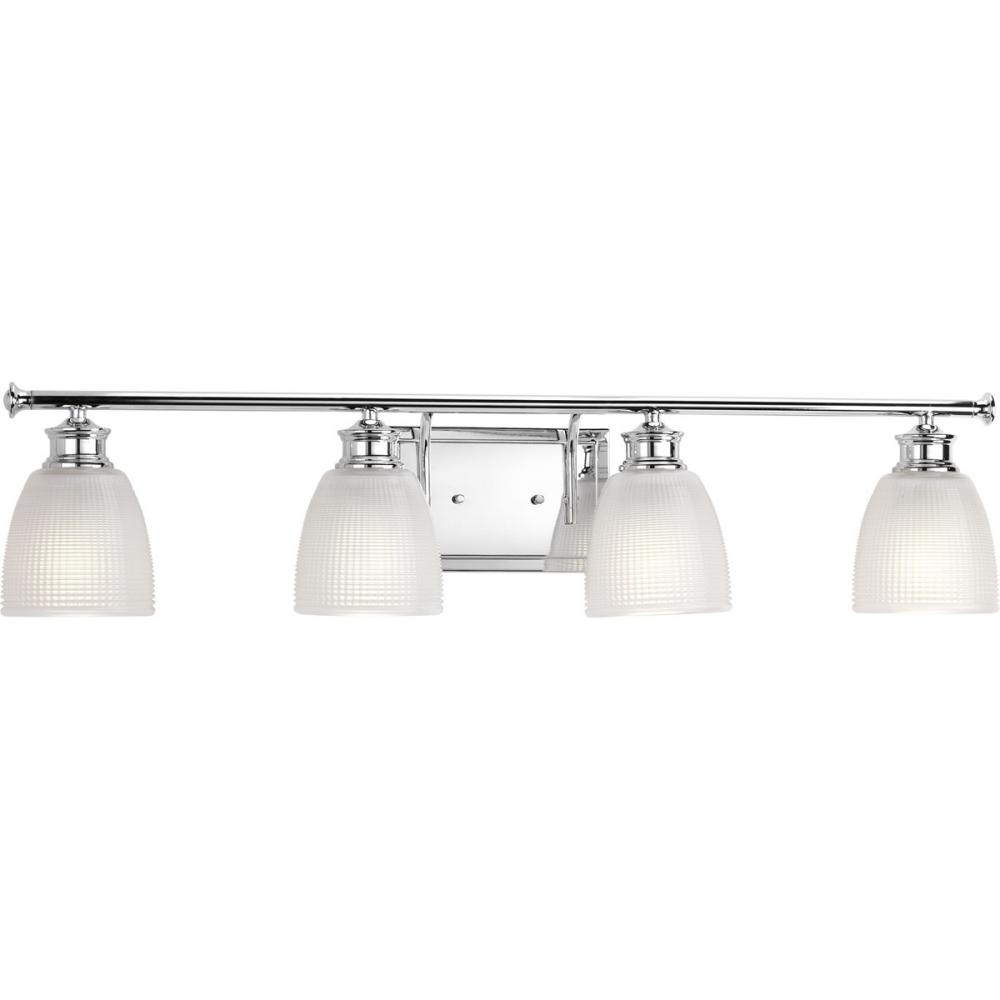 Lucky Collection Four-Light Polished Chrome White Prismatic Glass Coastal Bath Vanity Light