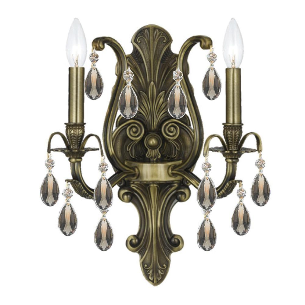 Dawson 2 Light Golden Teak Swarovski Strass Crystal Antique Brass Sconce