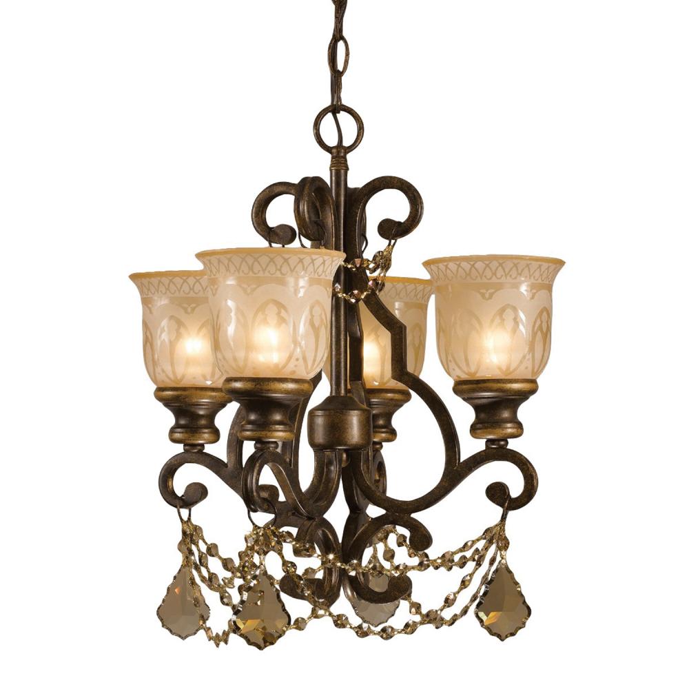 Norwalk 4 Light Golden Teak Swarovski Strass Crystal Bronze Umber Mini Chandelier