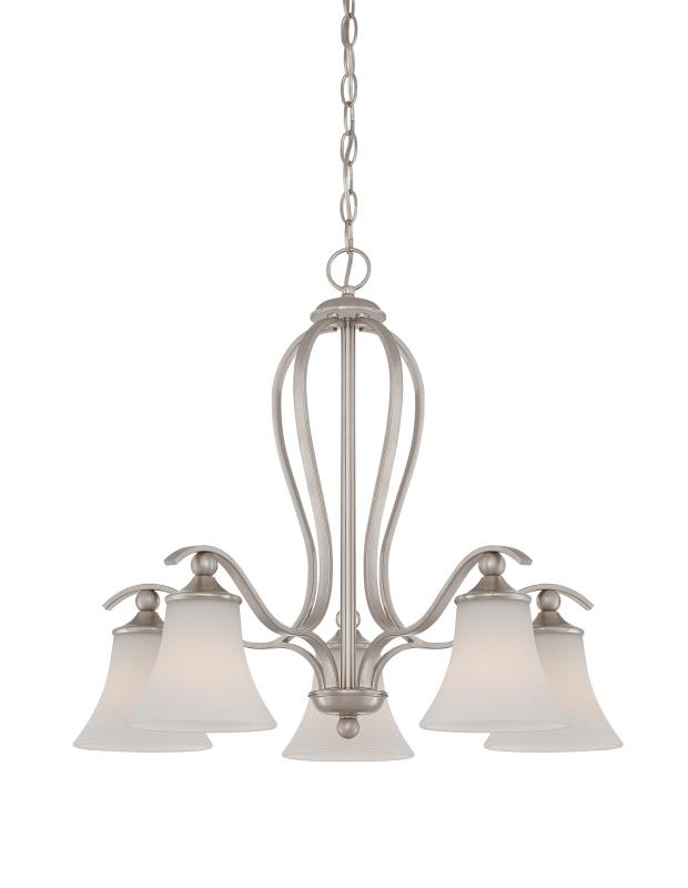 Five Light Brushed Nickel Etched Painted White Inside Glass Down Chandelier