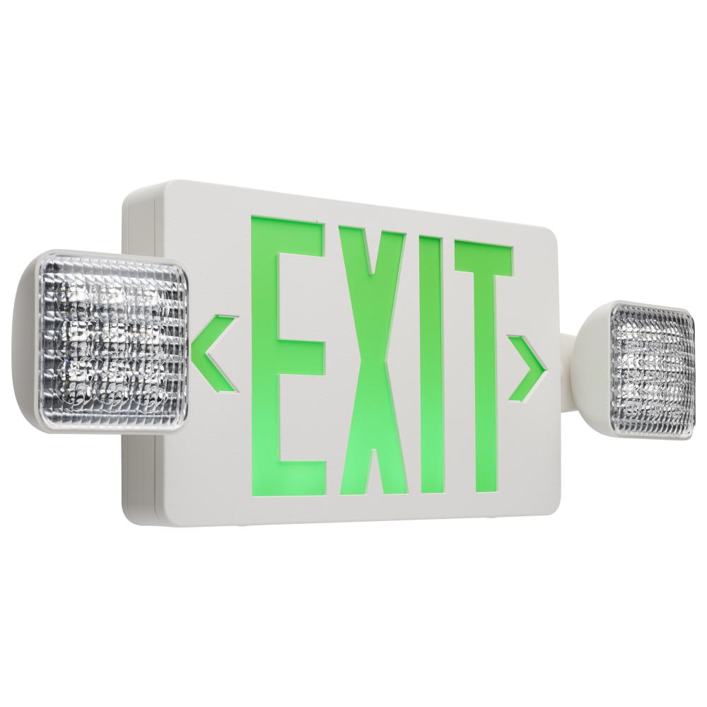 Combination Green Exit Sign/Emergency Light, 90min Ni-Cad backup, 120/277V, Dual Head, Single/Dual