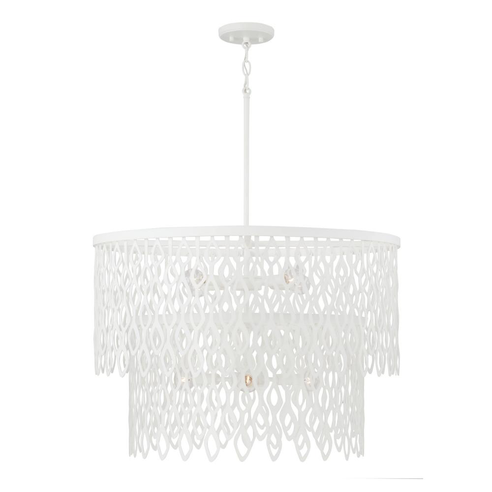 7-Light Lasercut Two-Tier Metal Pendant in Matte White Modern Motif