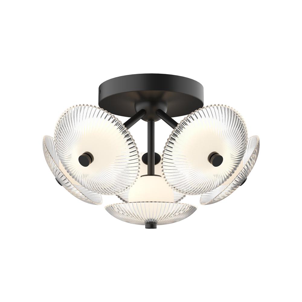 Hera 16-in Matte Black/Clear Ribbed Glass LED Flush Mount