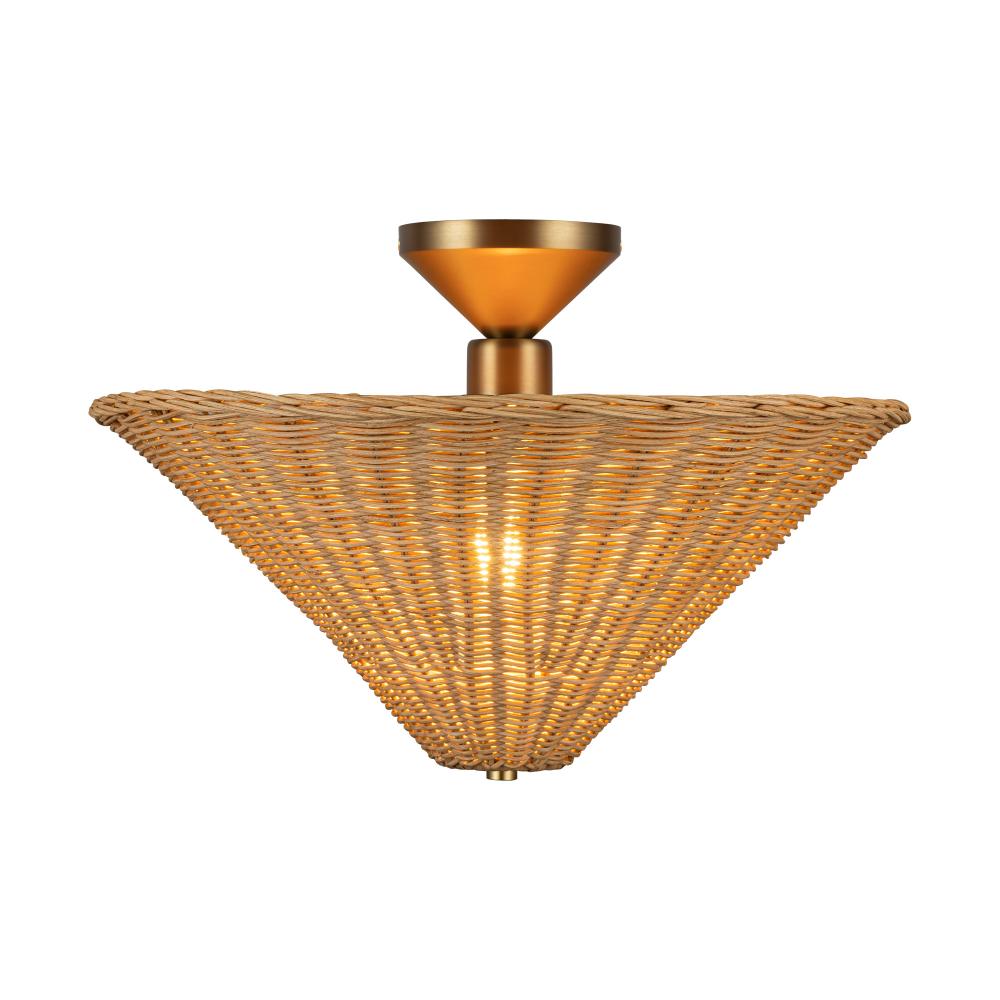 Bridgette 16-in Brushed Gold/Rattan Socket Semi-Flush Mount