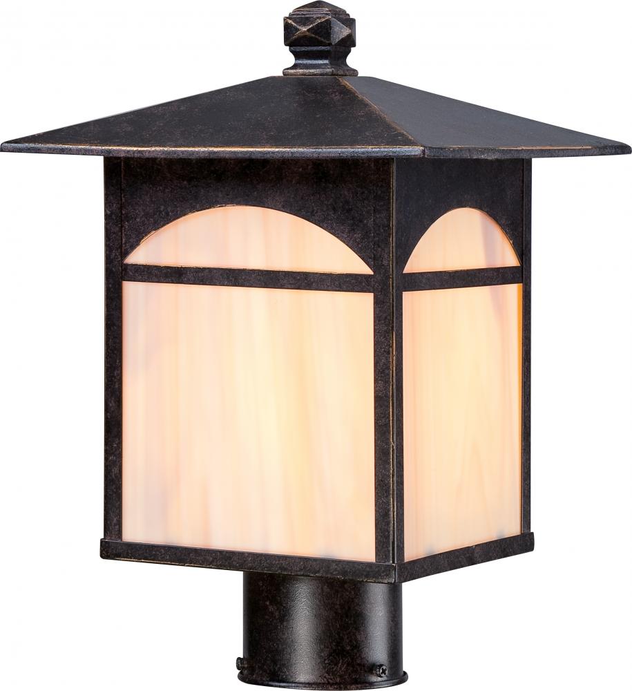 1-Light 9&#34; Post Mounted Outdoor Fixture in Umber Bronze Finish and Honey Stained Glass