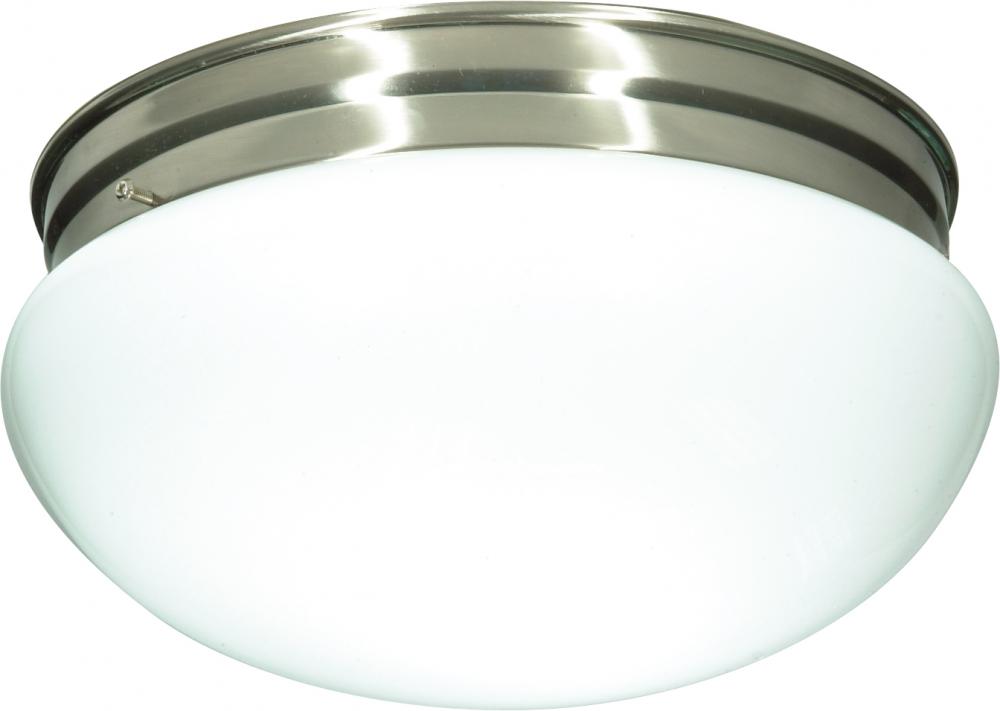 2 Light - 12&#34; Flush with White Glass - Brushed Nickel Finish