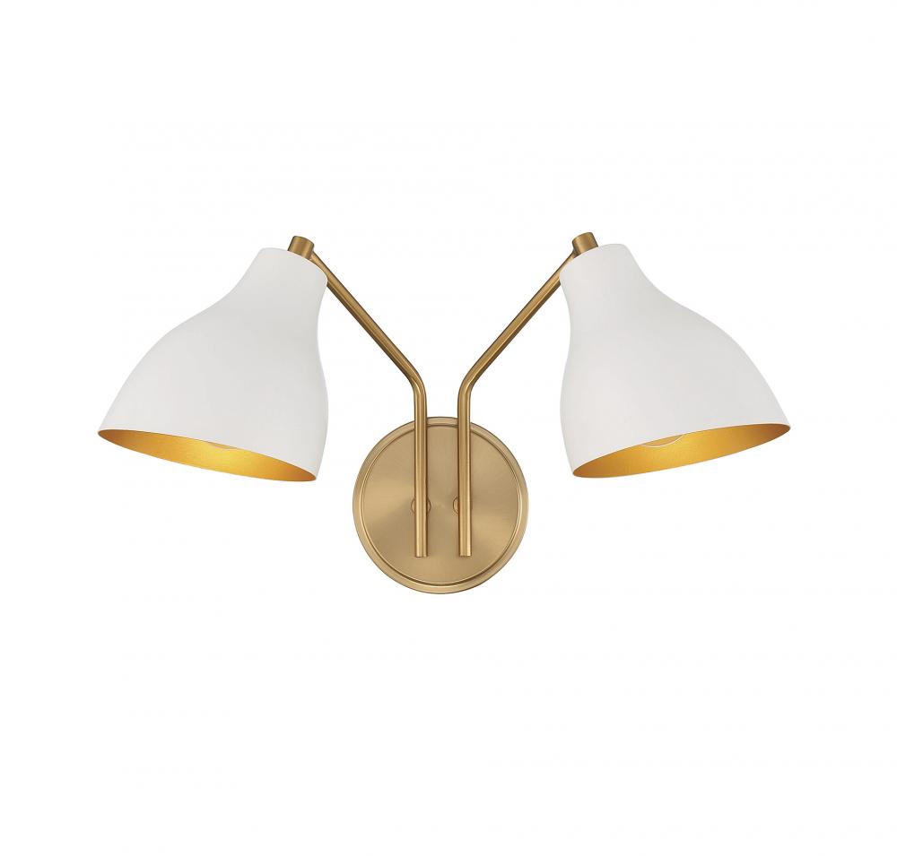 2-Light Wall Sconce in White with Natural Brass